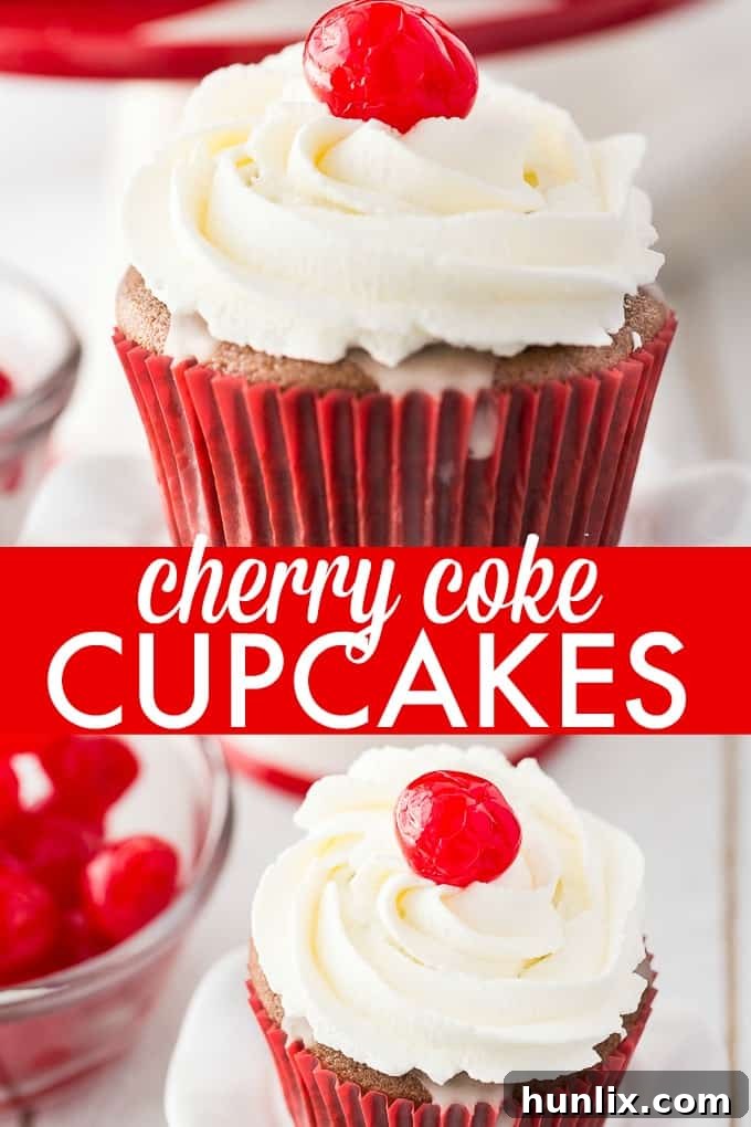 Cherry Coke Cupcakes - Each cupcake has a cherry in the middle, glazed with a Coca-Coca sugar glaze and topped with sweet and fluffy whipped cream. 