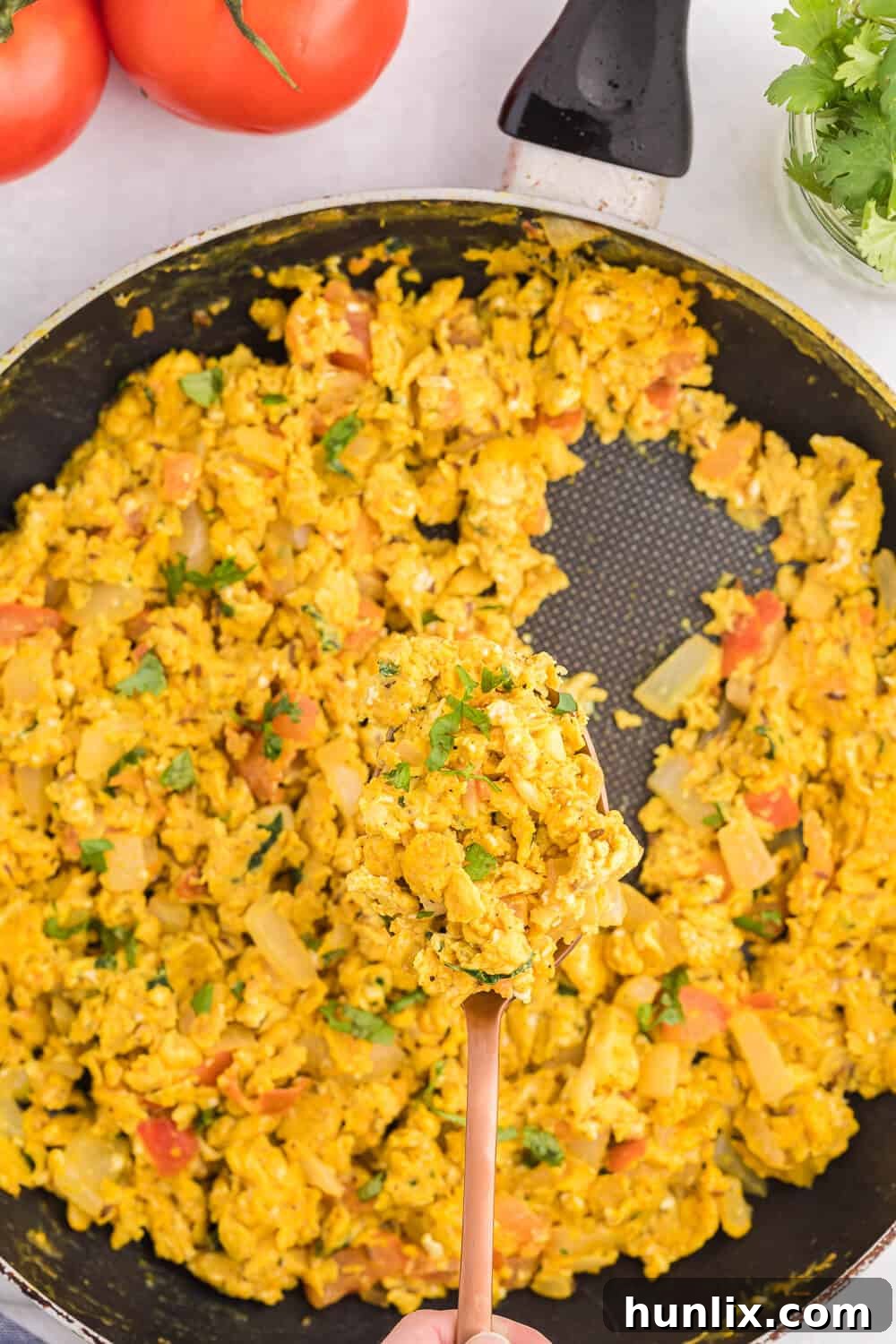 Close-up of Indian Scrambled Eggs, showcasing the texture and visible spices like cumin seeds, chopped onions, and cilantro. The vibrant colors of turmeric and tomatoes make it an appetizing meal.