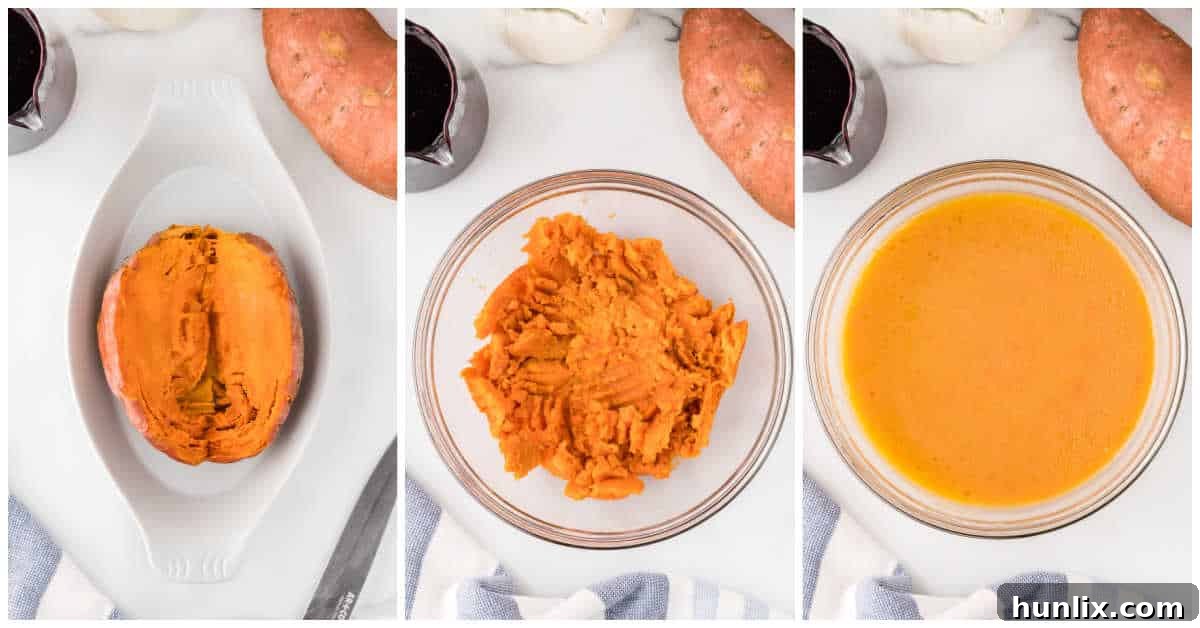 A collage showing the preparation of sweet potato muffins, with images of a roasted sweet potato being peeled and mashed, and subsequently mixed with wet ingredients in a bowl.