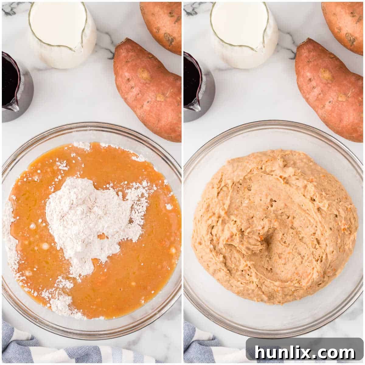 A collage illustrating the process of combining dry ingredients into wet ingredients for sweet potato muffins, showing a bowl of flour and spices being whisked and then folded into the sweet potato mixture.