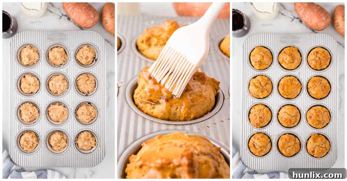 A collage displaying the final stages of baking sweet potato muffins, including images of muffins rising in the tin and being brushed with maple syrup for a shiny finish.