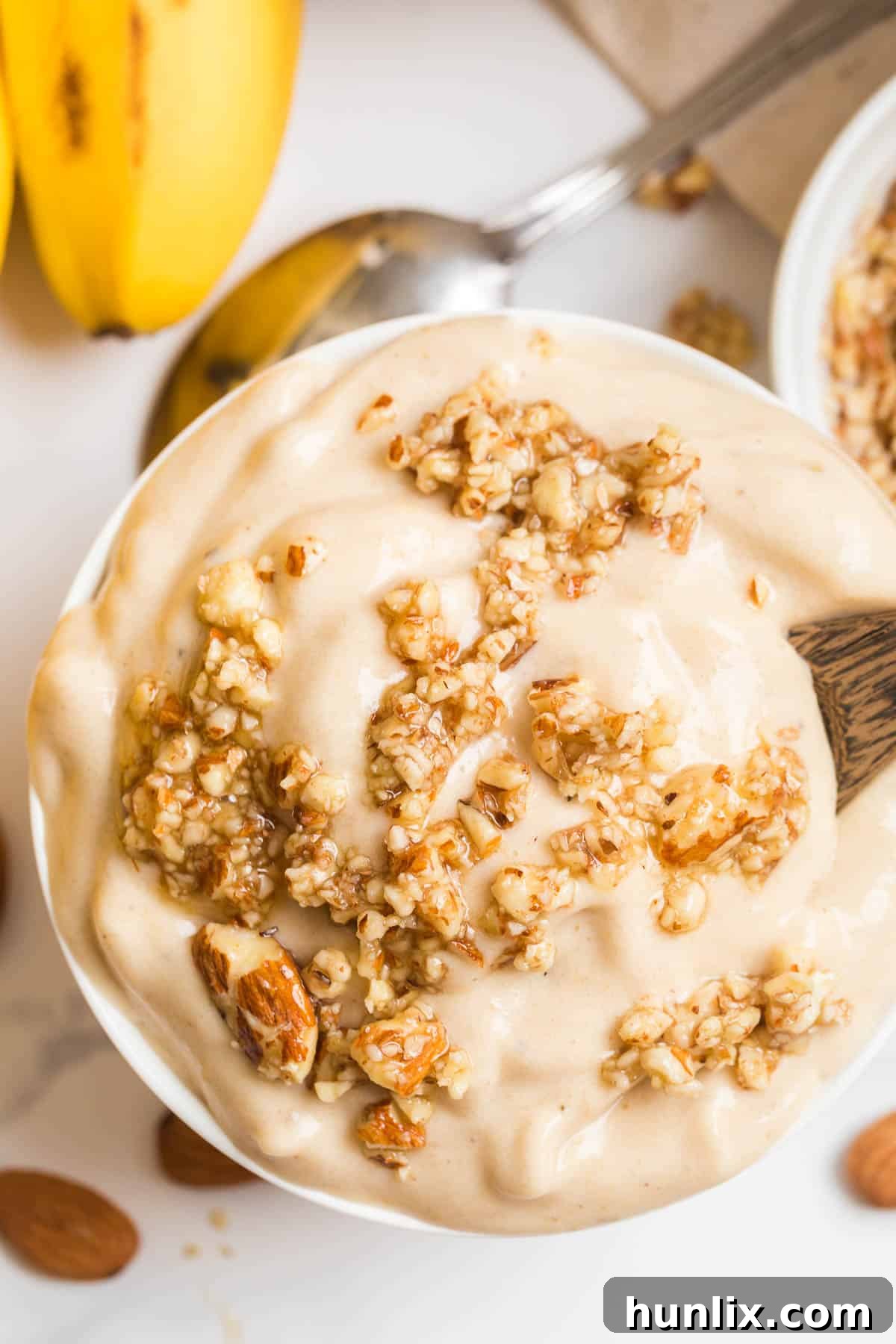 Close-up of dairy-free banana ice cream in a white bowl