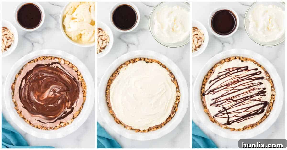 A collage demonstrating the layering process for an ice cream pie, showing the addition of chocolate syrup and then the final layer of vanilla ice cream before freezing.