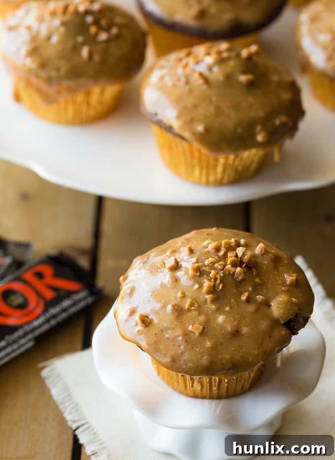 Skor Cupcakes - These cupcakes are an easy way to dress up a boxed cake mix. The addition of Skor bits makes them crunchy and buttery, and the pairing with fluffy chocolate cake is irresistible. 