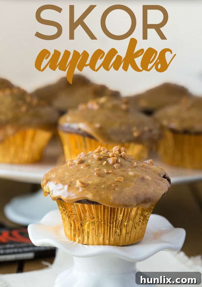 Skor Cupcakes - These cupcakes are an easy way to dress up a boxed cake mix. The addition of Skor bits makes them crunchy and buttery, and the pairing with fluffy chocolate cake is irresistible. 