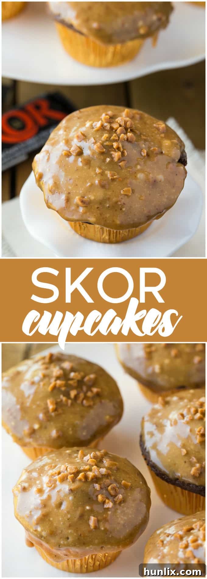 Skor Cupcakes - These cupcakes are an easy way to dress up a boxed cake mix. The addition of Skor bits makes them crunchy and buttery, and the pairing with fluffy chocolate cake is irresistible. 