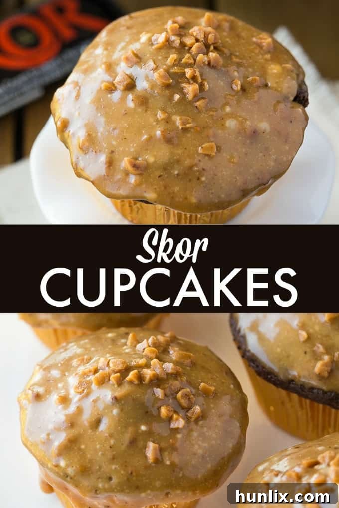 Skor Cupcakes - These cupcakes are an easy way to dress up a boxed cake mix. The addition of Skor bits makes them crunchy and buttery, and the pairing with fluffy chocolate cake is irresistible. 