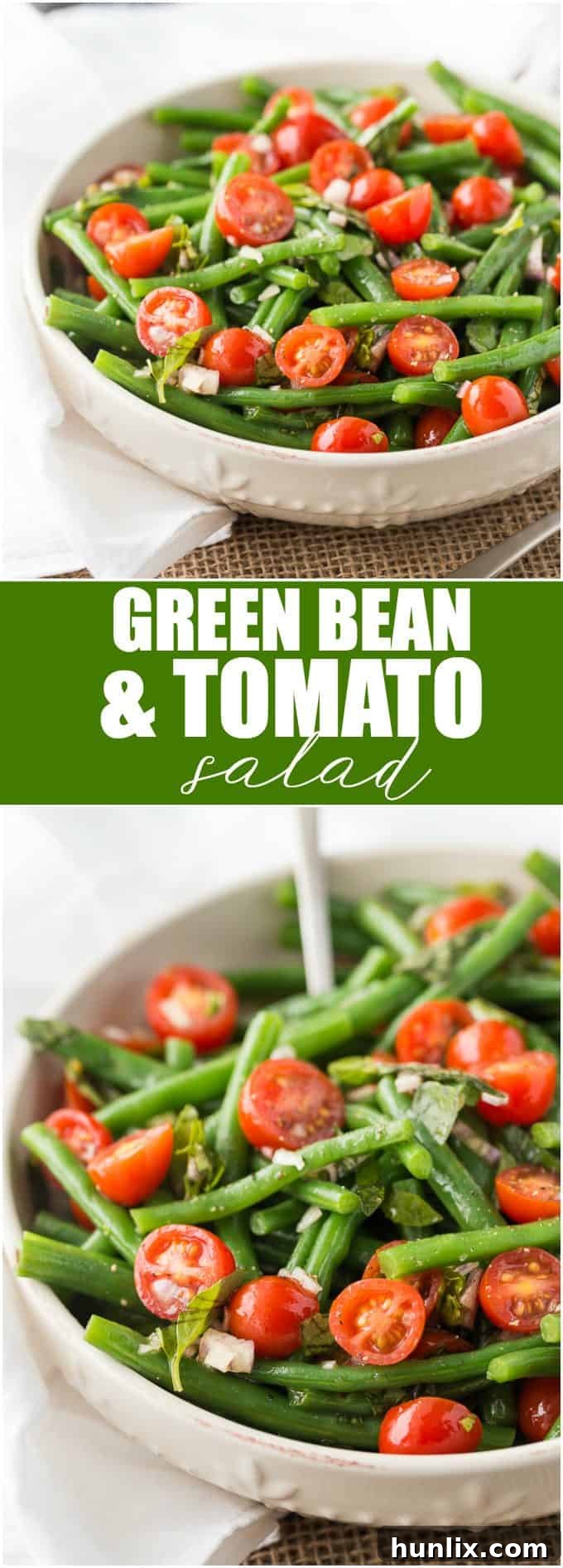 A large serving of the fresh Green Bean and Tomato Salad, garnished with basil, ready to be enjoyed as a light and healthy side dish.