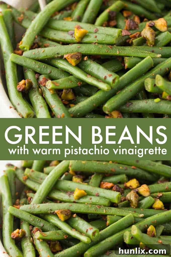 Vibrant Green Beans with Warm Pistachio Vinaigrette 2 Green Beans with Warm Pistachio Vinaigrette - This recipe is as easy as it is elegant! Make these crispy green beans with a delicious red wine vinaigrette with crushed pistachios for the best holiday side dish ever.