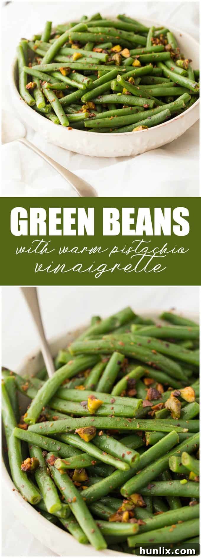 Vibrant Green Beans with Warm Pistachio Vinaigrette 4 Green Beans with Warm Pistachio Vinaigrette - This recipe is as easy as it is elegant! Make these crispy green beans with a delicious red wine vinaigrette with crushed pistachios for the best holiday side dish ever.