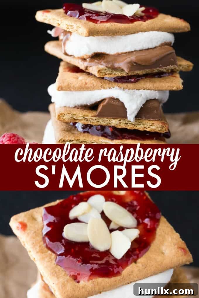 Gourmet Chocolate Raspberry S'mores, a sophisticated twist on the classic campfire treat with gooey marshmallow, melted chocolate, tangy raspberry jam, and crunchy almonds on graham crackers.