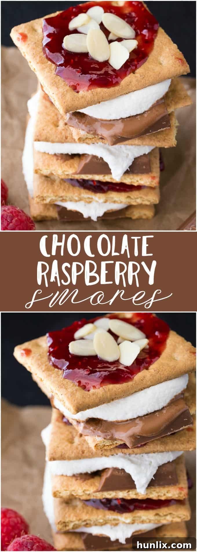 Close-up of freshly made Chocolate Raspberry S'mores with melted chocolate, soft marshmallow, raspberry jam, and almonds.