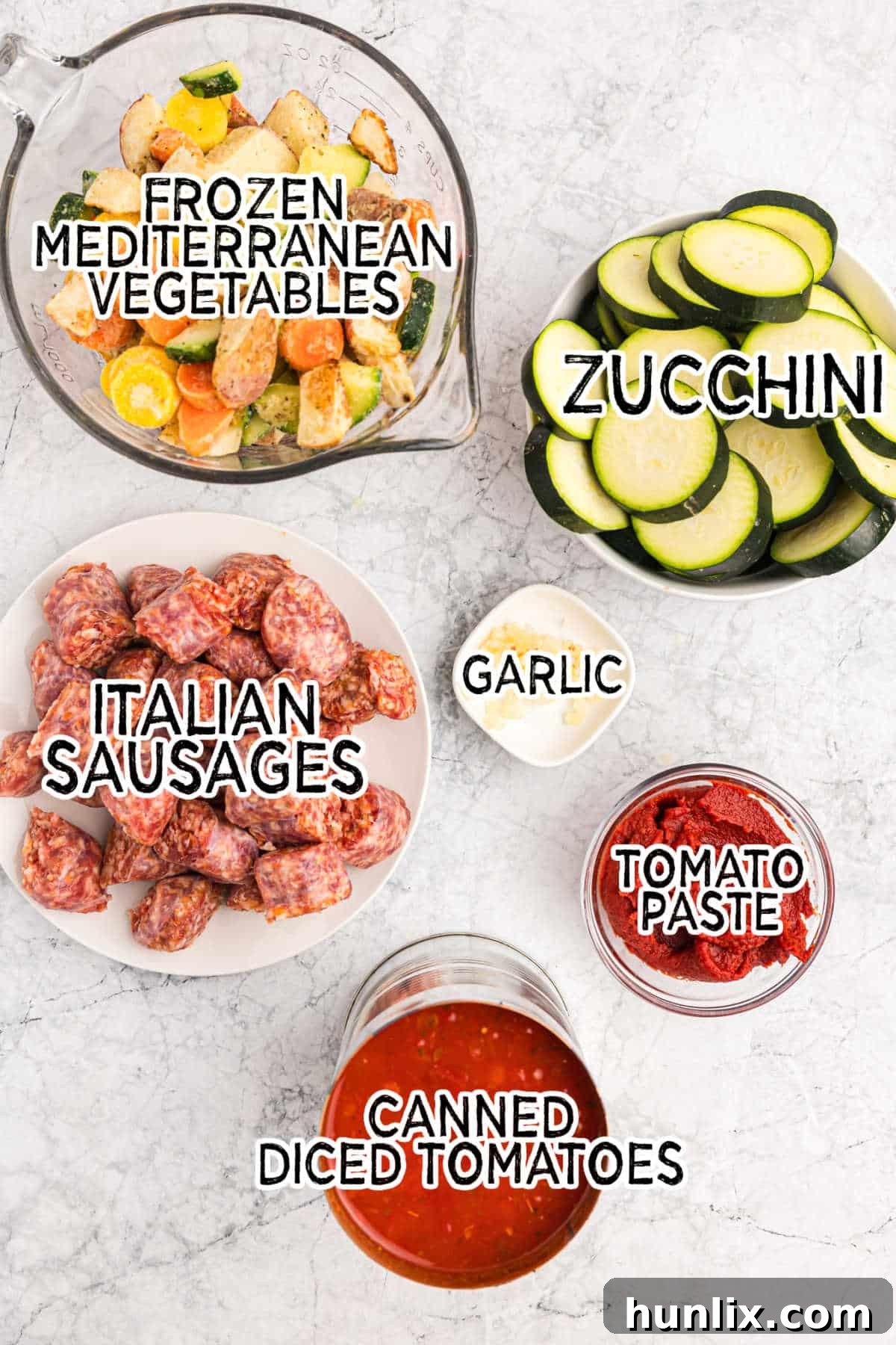 Italian sausage and vegetable soup ingredients.