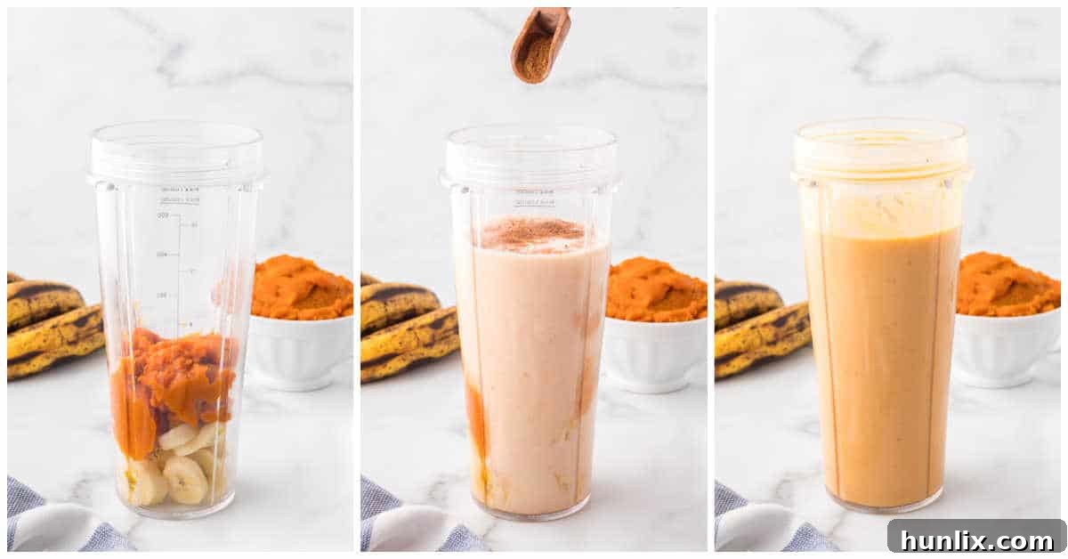 Velvet Pumpkin Sip 4 A collage demonstrating the steps of adding ingredients to a blending cup.
