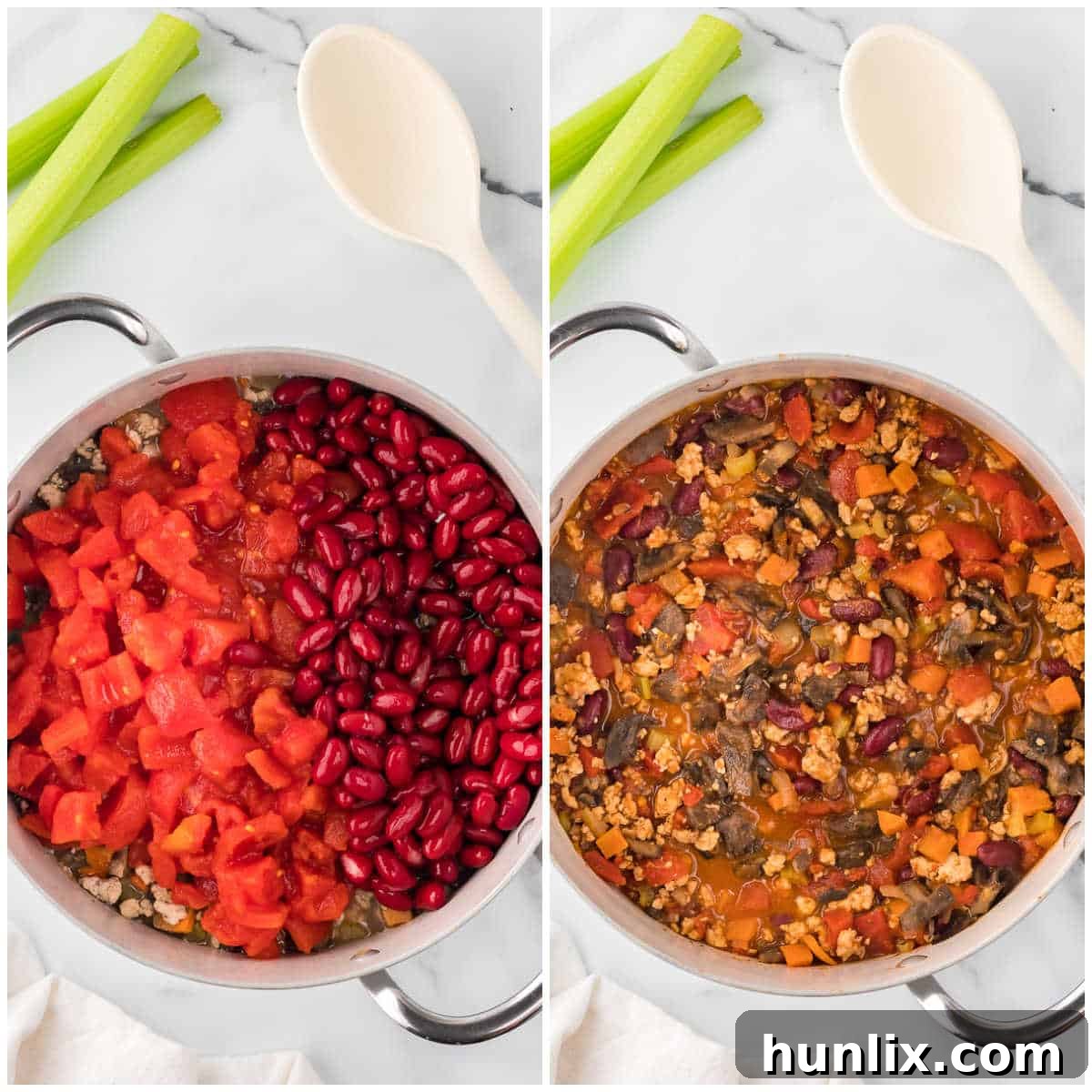 Diced tomatoes and kidney beans added to the pot with cooked chicken and vegetables, ready to simmer.