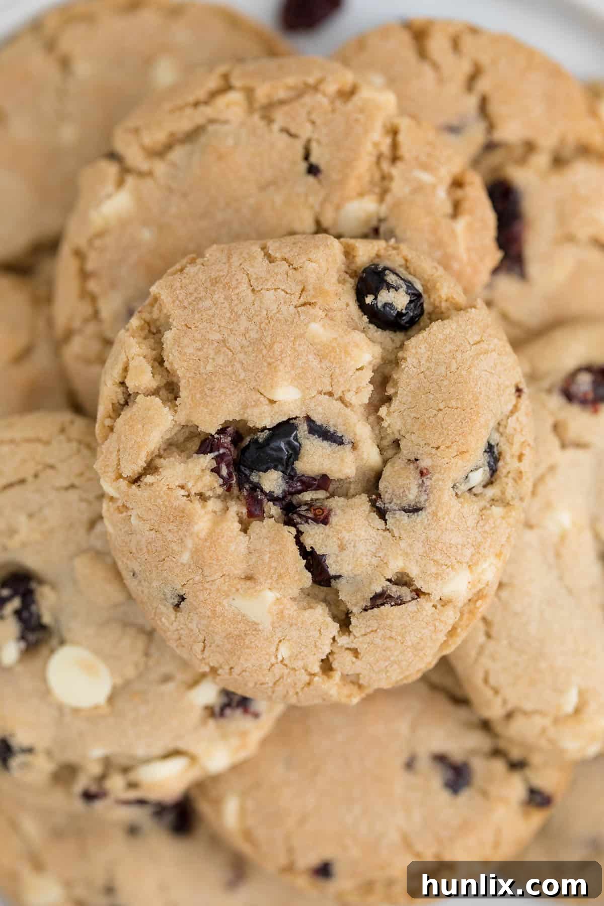 a group of white chocolate chunk cranberry cookies on plate