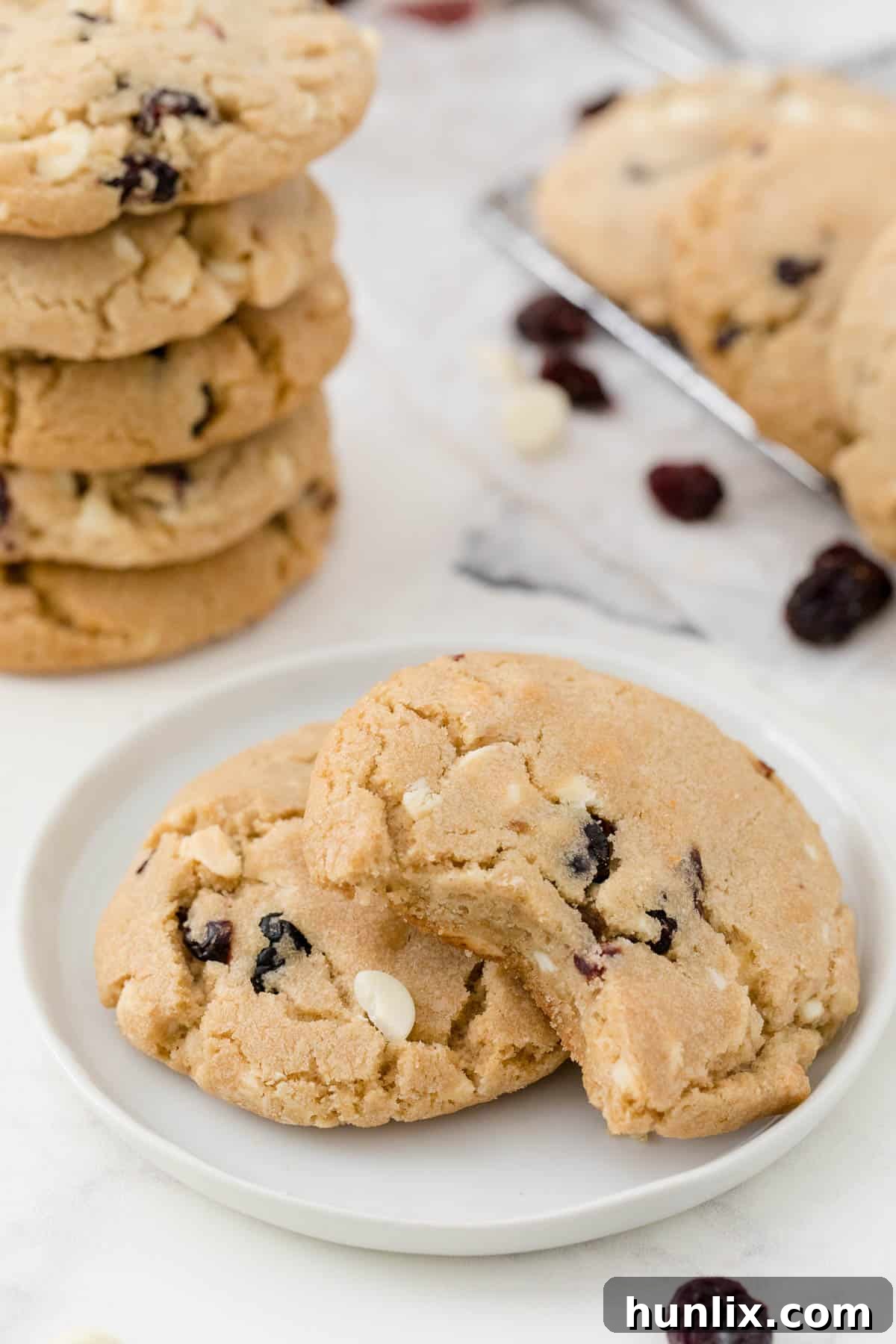 Two white chocolate chunk cranberry cookies on a plate