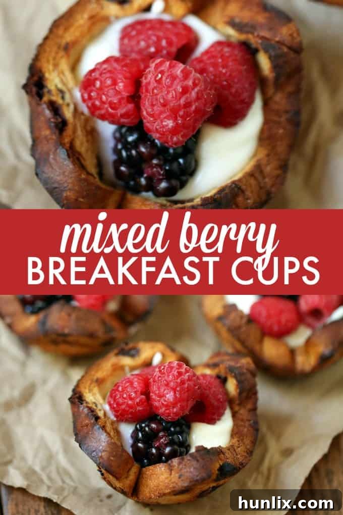 A collage of three images showing the preparation and final serving of Mixed Berry Breakfast Cups with cinnamon swirl bread, yogurt, and fresh berries.