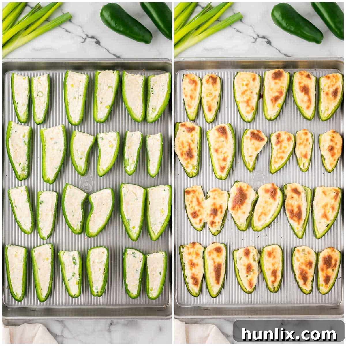 A baking sheet filled with raw cream cheese stuffed jalapenos, neatly arranged and ready for the oven.
