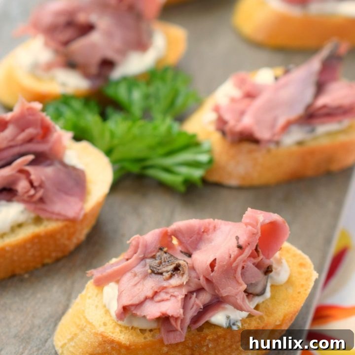 Roast Beef Crostini - A simple yet elegant holiday appetizer, perfect for parties. Easy to make and always a hit with guests.