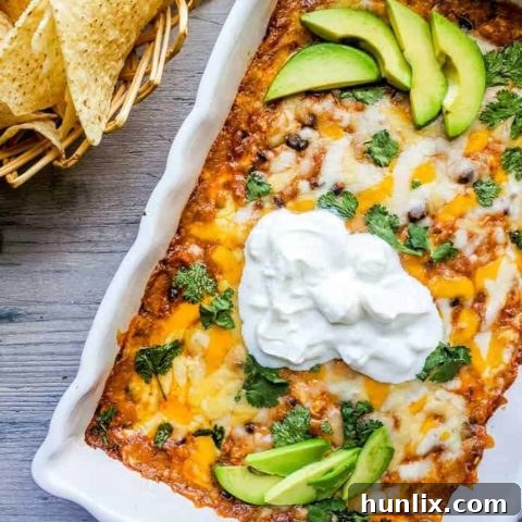 Chicken Enchilada Dip - A super cheesy, baked dip perfect for any party or holiday. This easy appetizer is ready in about 40 minutes and is freezer-friendly!