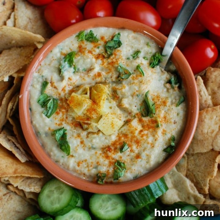 Healthy White Bean Artichoke Dip - A flavorful and healthy appetizer, snack, or sandwich spread. Blended white beans, artichokes, lemon juice, olive oil, cayenne pepper, basil, and garlic, topped with fresh herbs.