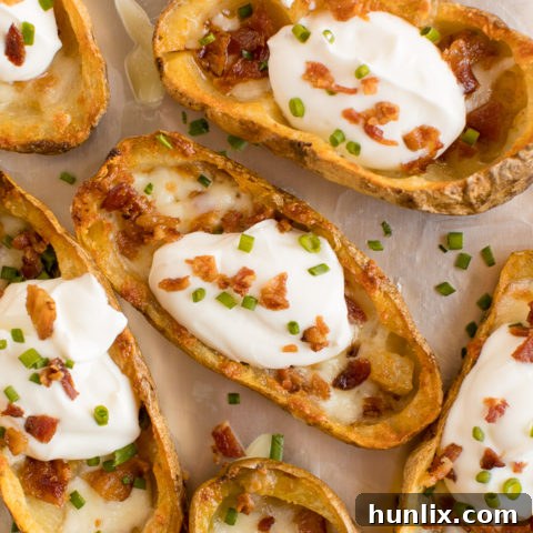 Cheesy Potato Skins - A timeless party appetizer, topped generously with creamy sour cream, crispy bacon bits, and fresh green onions for a truly satisfying bite.