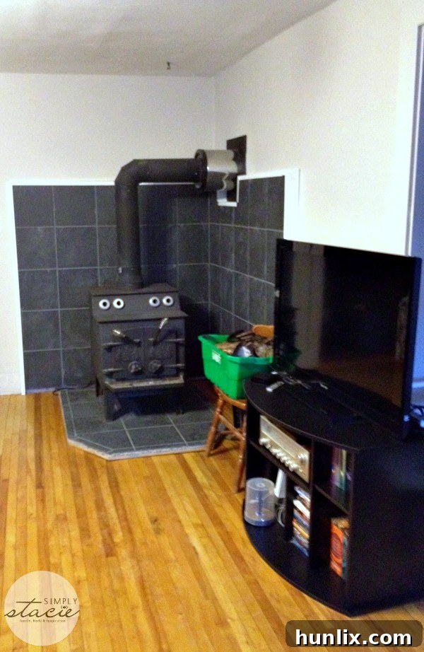 Living Room Makeover - Woodstove and tile shield