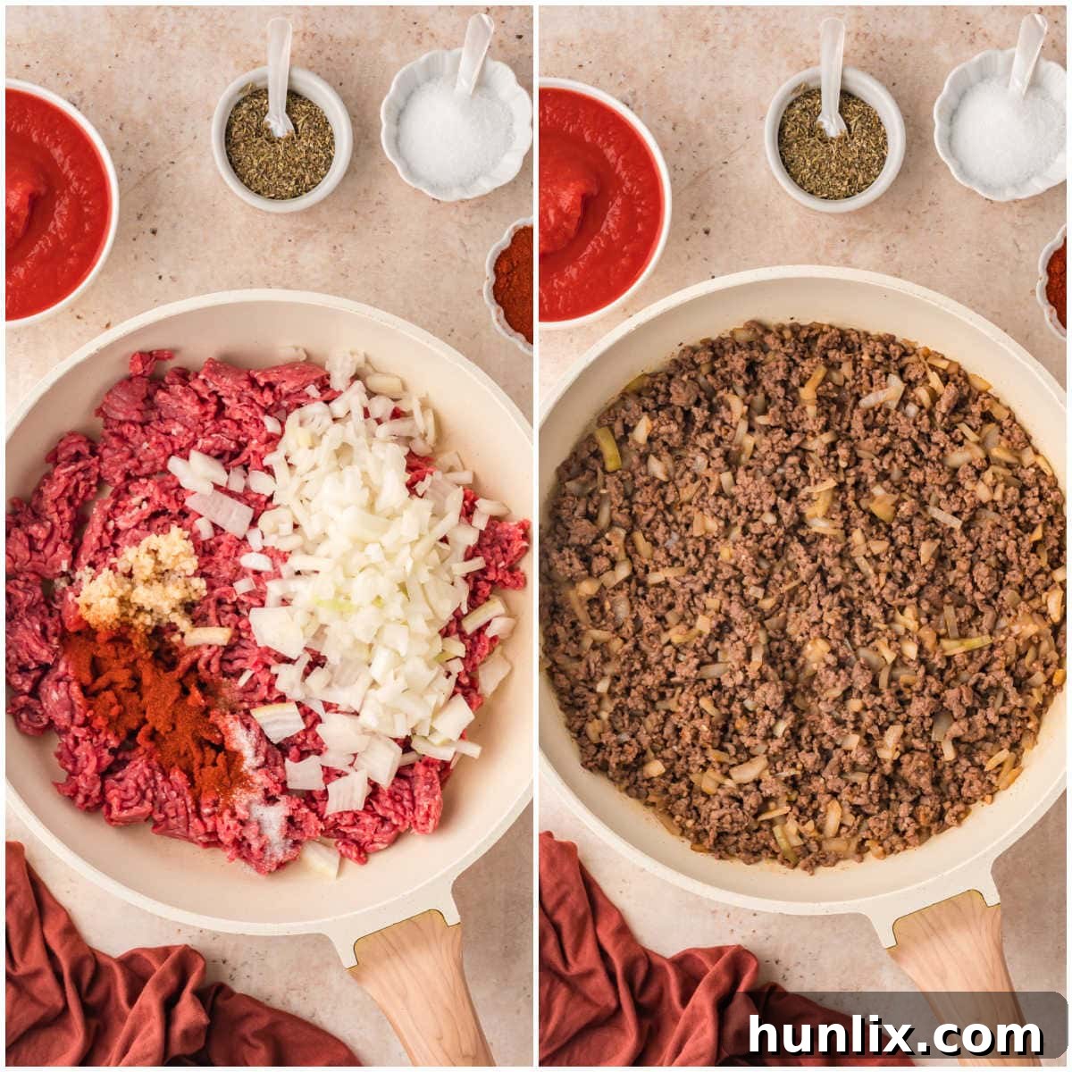 A collage showing the process of cooking ground beef, onions, and spices in a pan, as the first step for Cabbage Roll Soup.