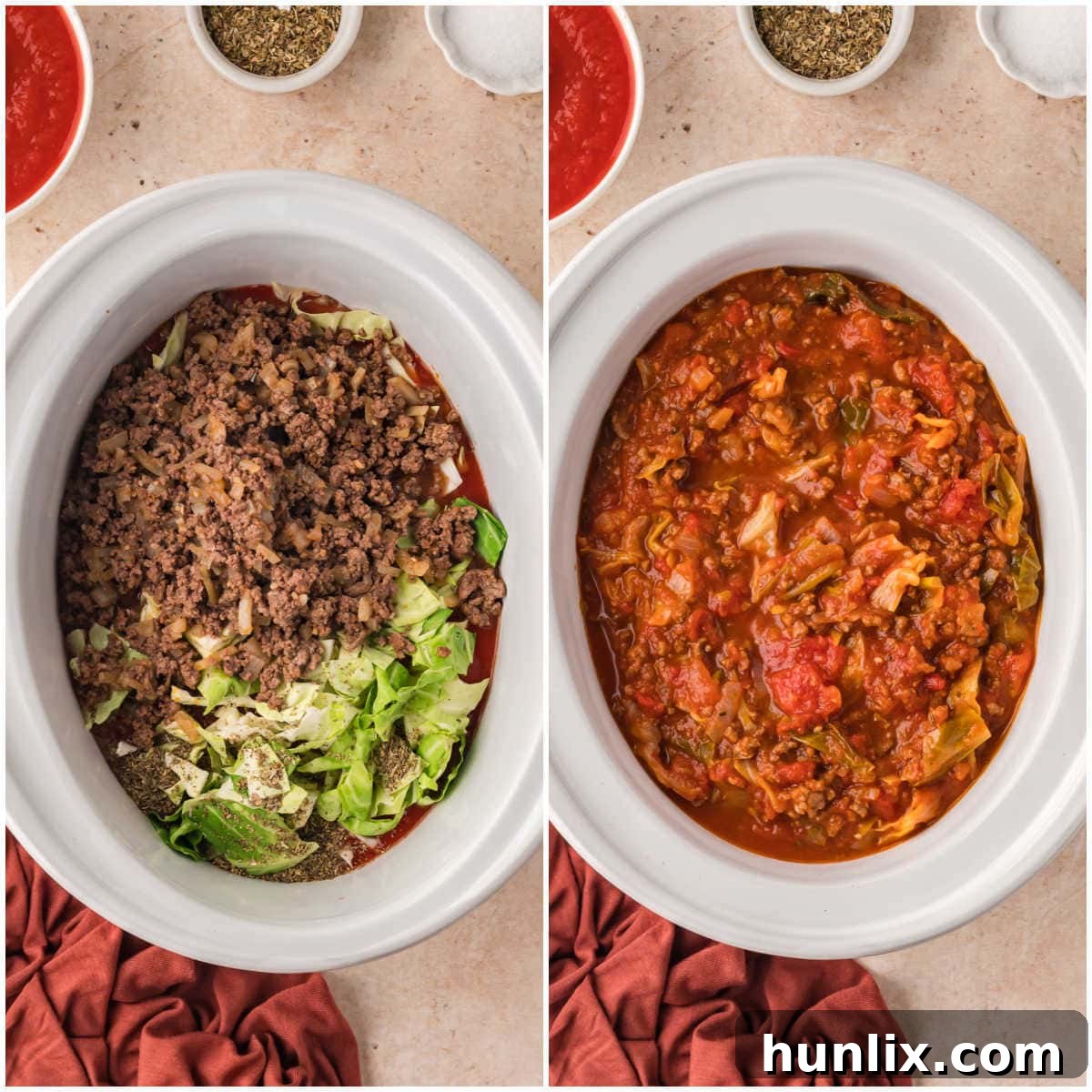 A collage demonstrating the second step: adding various ingredients like cabbage, tomato sauce, diced tomatoes, and the cooked beef mixture to a white slow cooker.