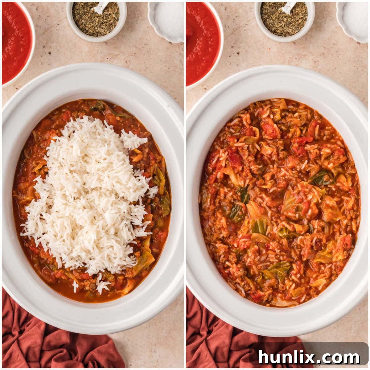 A collage showing the final step: adding cooked rice to the white slow cooker filled with Cabbage Roll Soup.