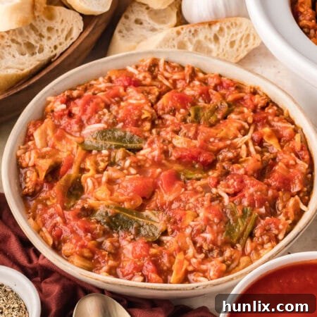 A bowl of Cabbage Roll Soup garnished with sour cream and fresh herbs.