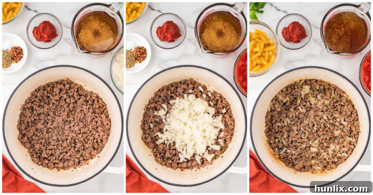 Collage of cooking the sausage and onions.