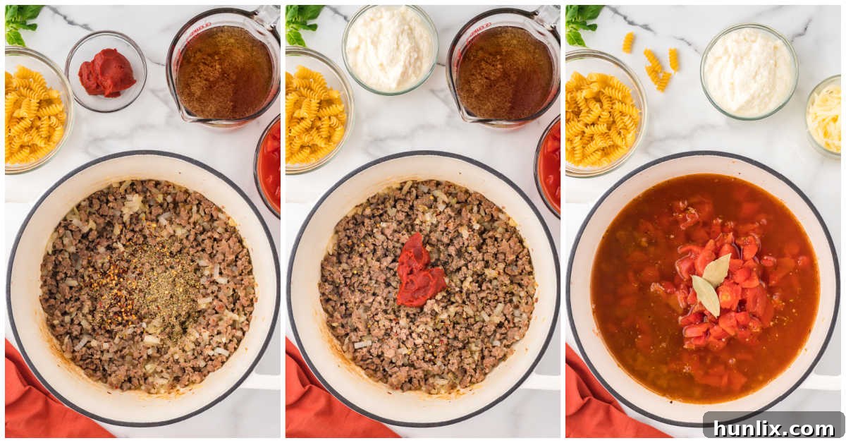 Collage of adding the spices and tomatoes to the pot.
