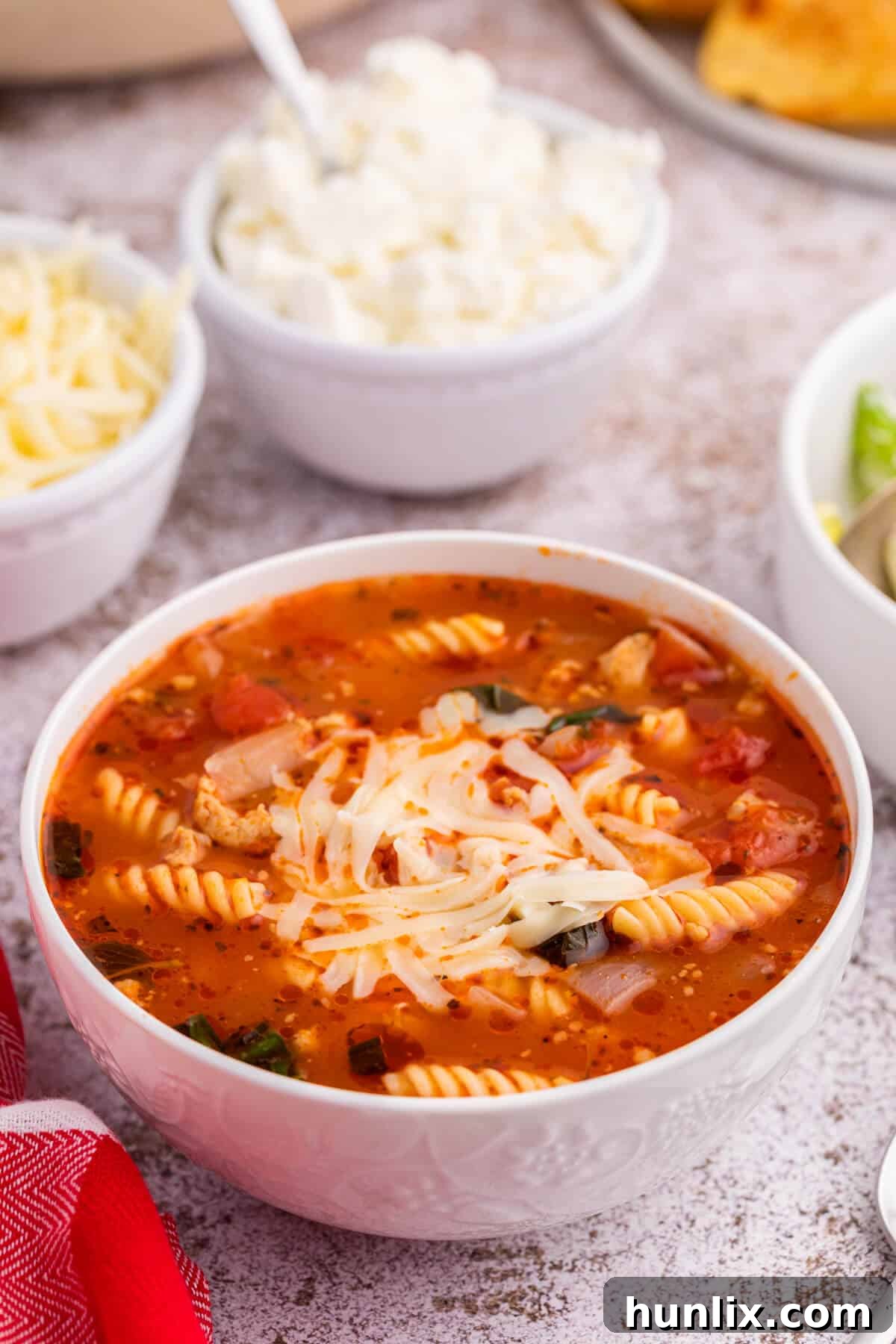 The soup in a white bowl.