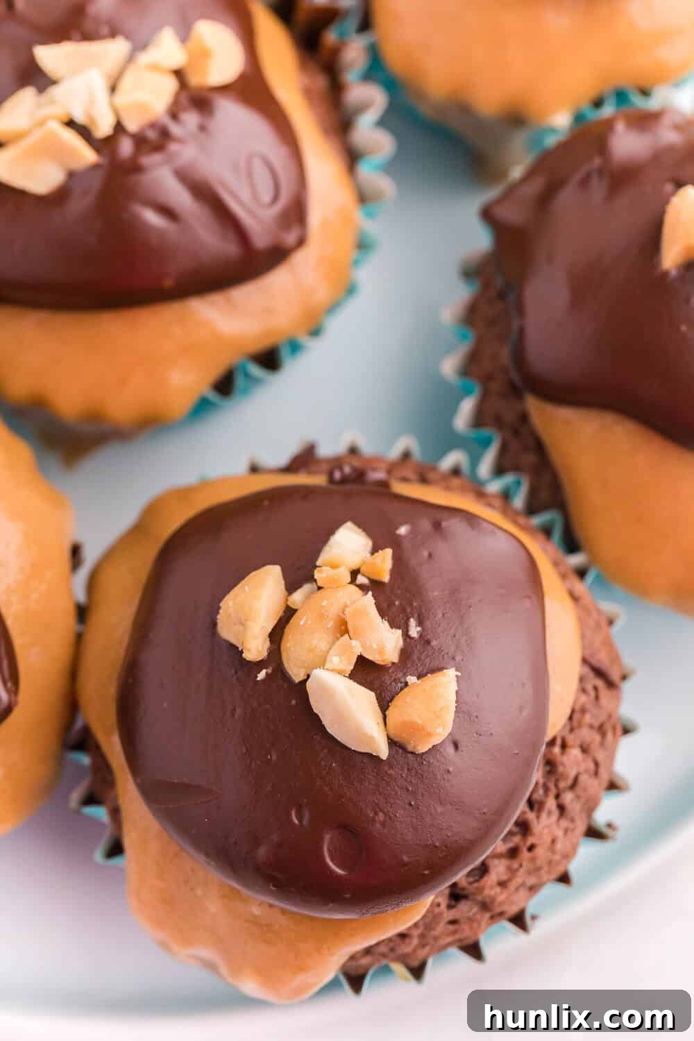 Peanut Butter Brownie Bliss 4 Close-up of a peanut butter brownie cupcake with chopped peanuts.
