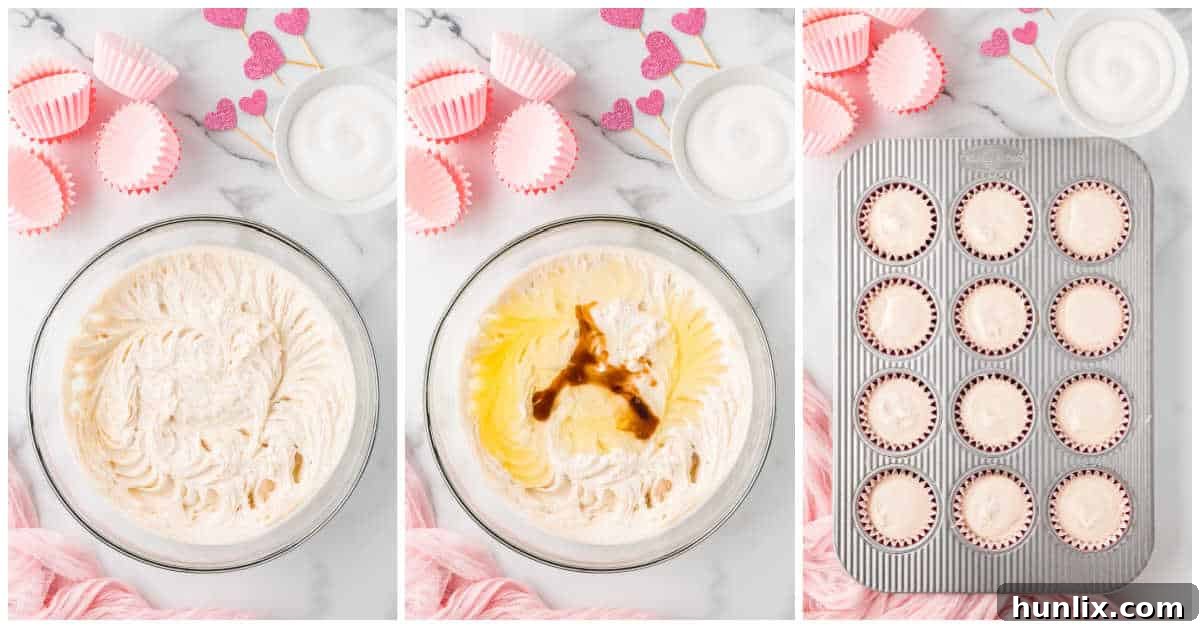A collage showing the process of mixing cupcake batter in a bowl and filling paper liners in a cupcake pan.
