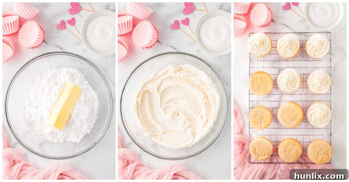 A collage illustrating the steps of making buttercream frosting and then piping it onto baked cupcakes.