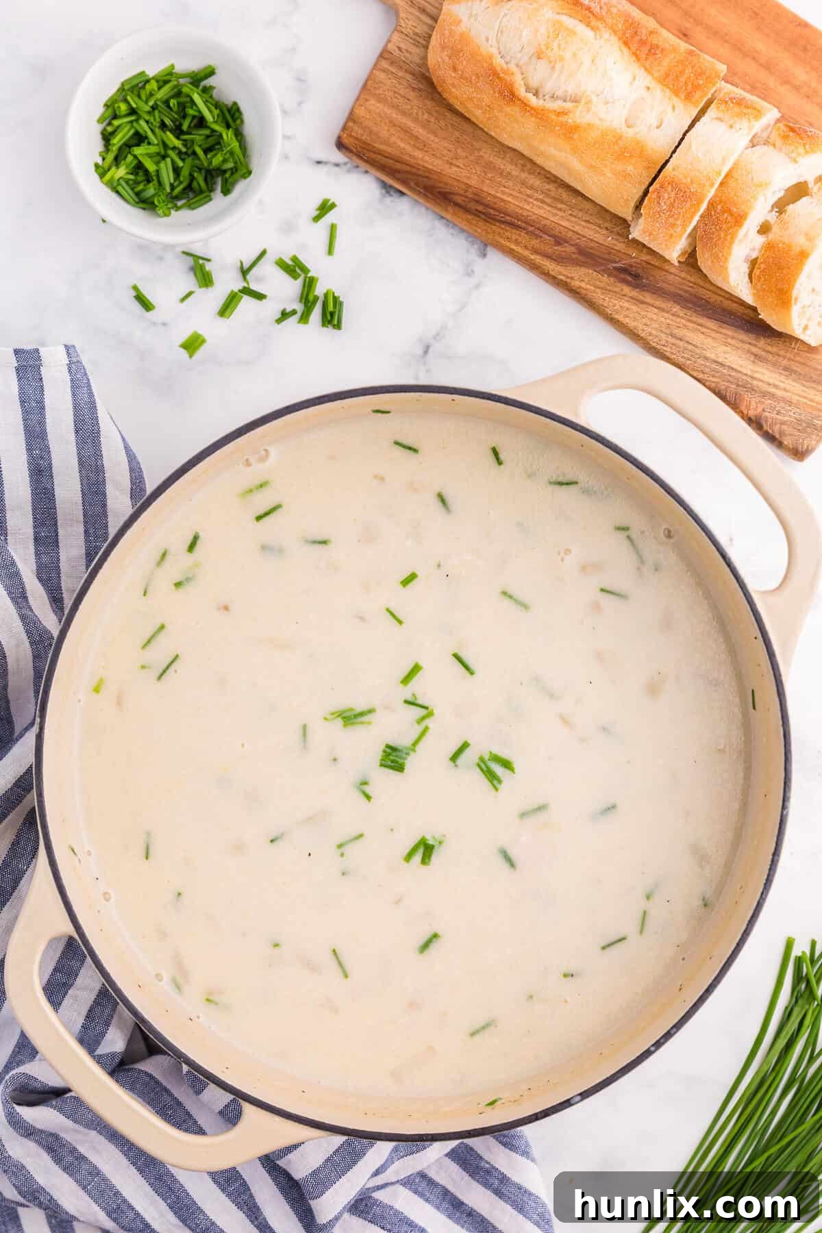 Salmon chowder in a dutch oven.