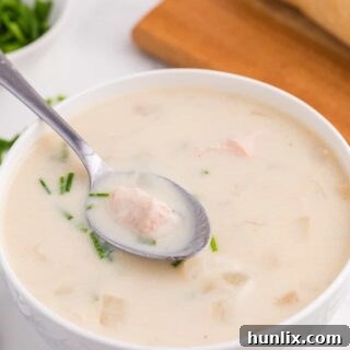 Salmon chowder in a white bowl with a spoon.