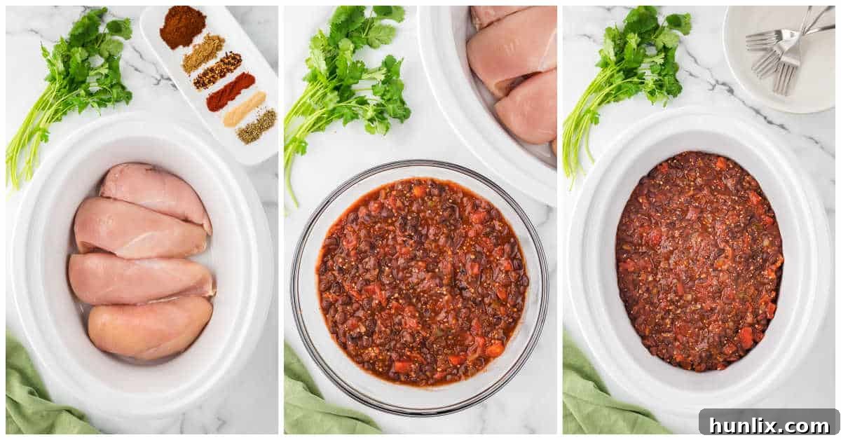 A step-by-step collage showing ingredients being added to a Crockpot for salsa chicken.