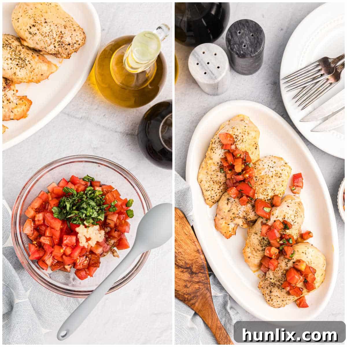 Two steps showing the preparation of bruschetta chicken: combining ingredients and spooning the mixture over chicken.