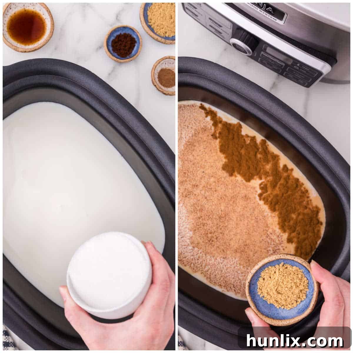 Collage of mixing ingredients in a slow cooker.