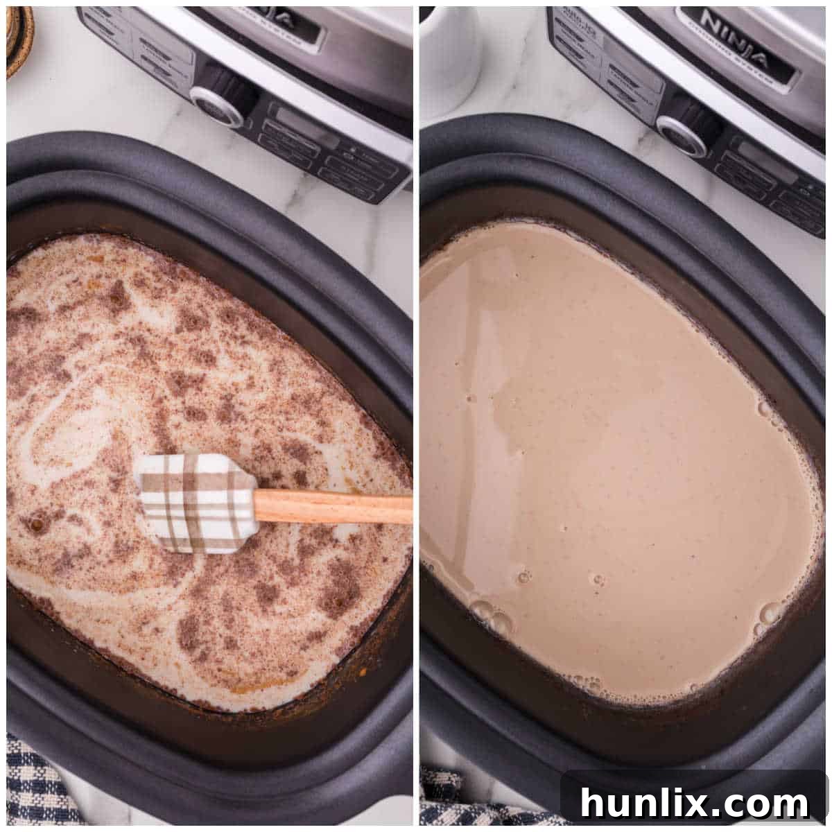 Collage of cooking the recipe in a slow cooker.