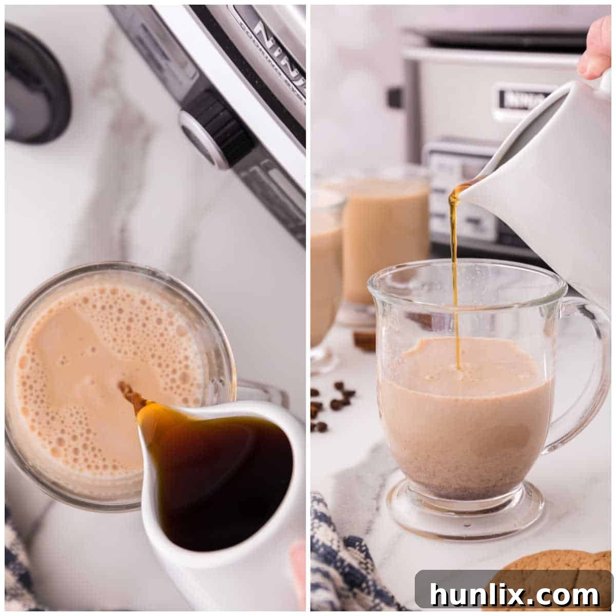 Collage of adding the recipe to mugs.