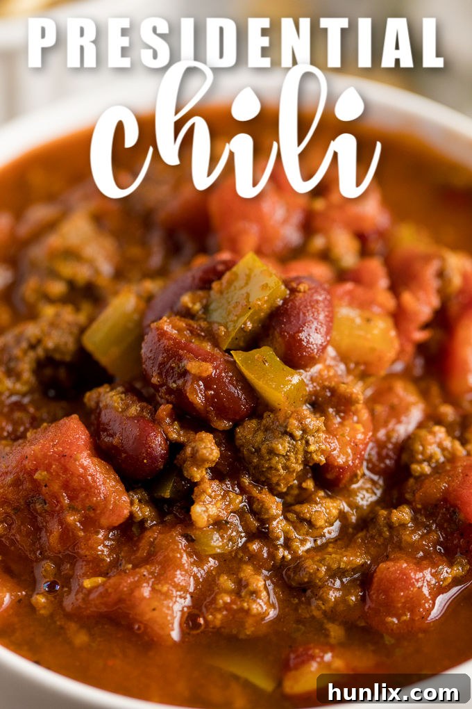 Presidential Chili - The best hearty chili recipe made with a secret ingredient! Warm up with a bowl of meaty comfort food packed with ground beef and seasoned kidney beans.
