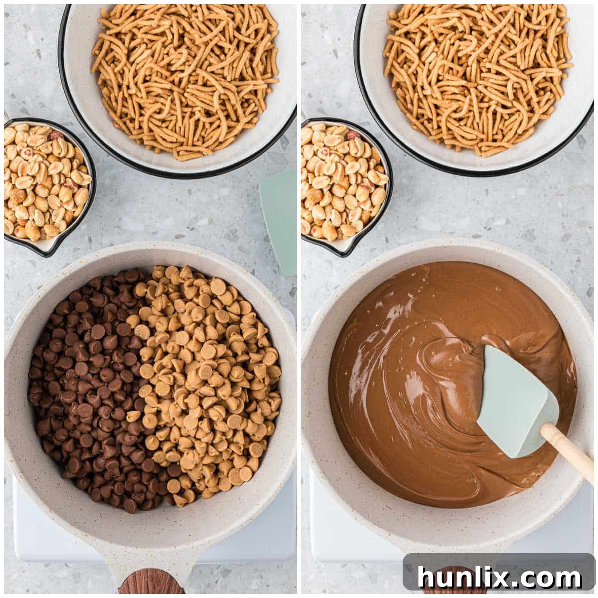 No-Bake Peanut Butter Chocolate Crunch Clusters 4 A step-by-step collage showing chocolate and peanut butter chips melting in a saucepan, transforming into a smooth, glossy mixture. The image captures the gradual melting process with clarity.