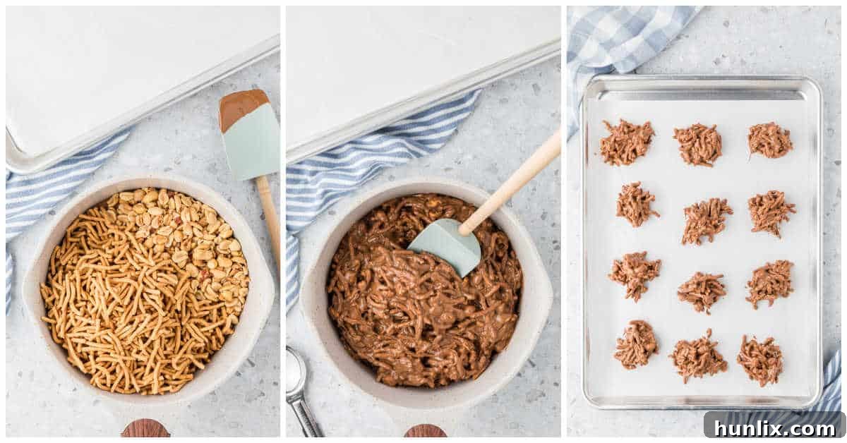 No-Bake Peanut Butter Chocolate Crunch Clusters 5 A two-part collage depicting the process: first, peanuts and chow mein noodles being mixed into the melted chocolate and peanut butter, and second, the mixture being portioned onto a baking sheet lined with wax paper.