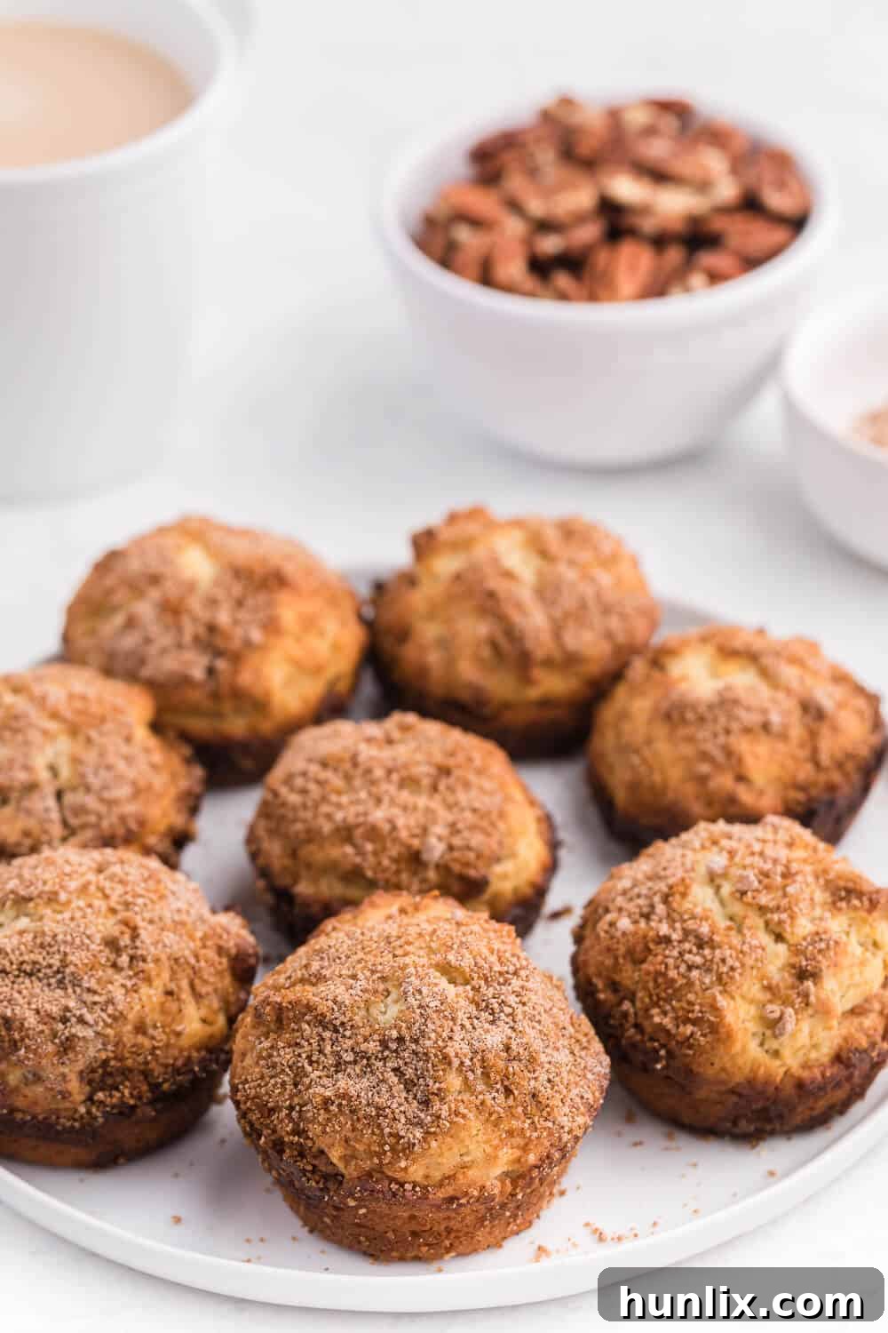 A close-up of a pecan coffee cake muffin with a crumbly topping on a white plate