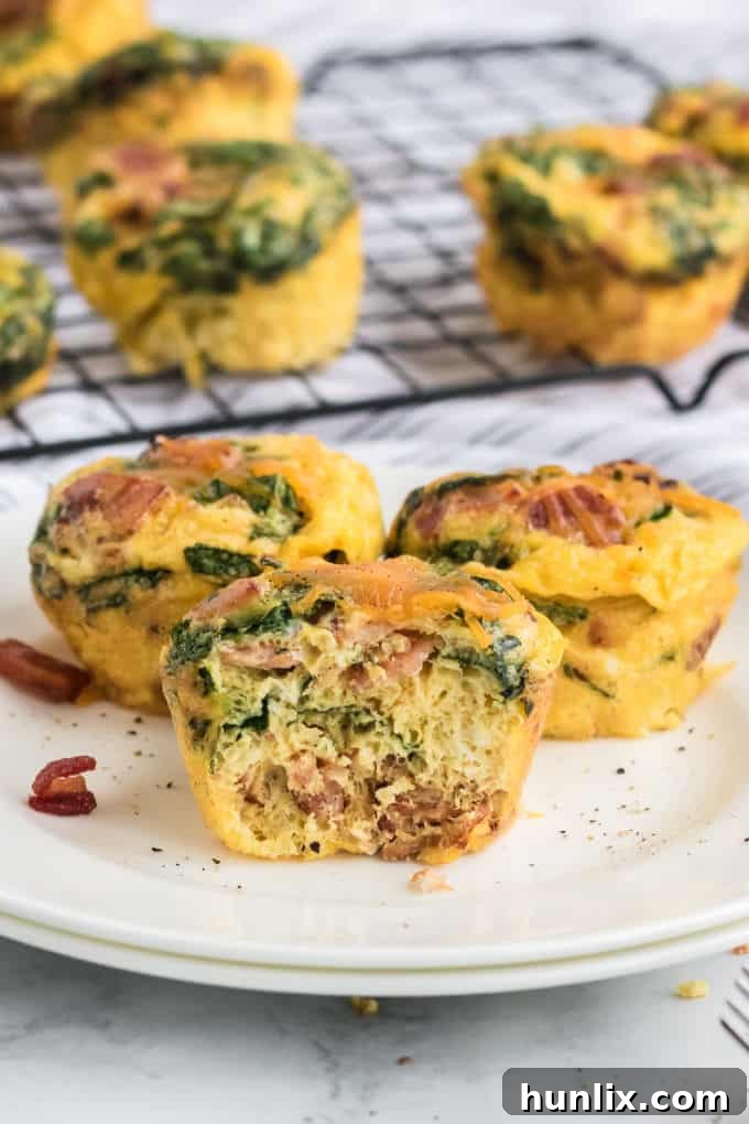 A plate holding two spinach and cheese egg muffins, one of which is cut in half to showcase its savory, cheesy, and spinach-filled interior.